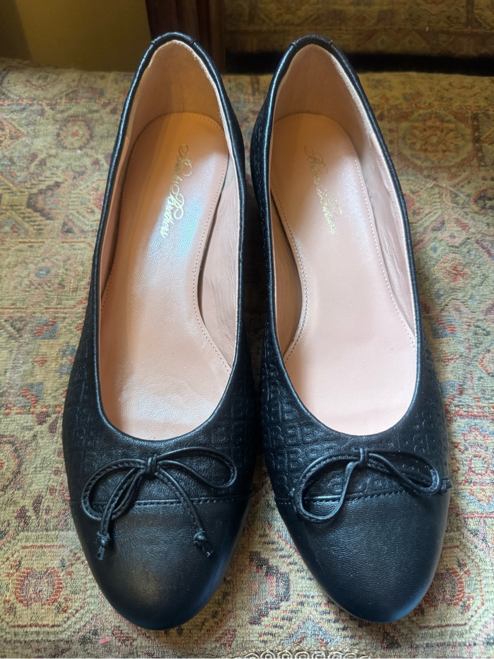 Brooks Brothers Black Monogram Leather Ballet Flats Bow